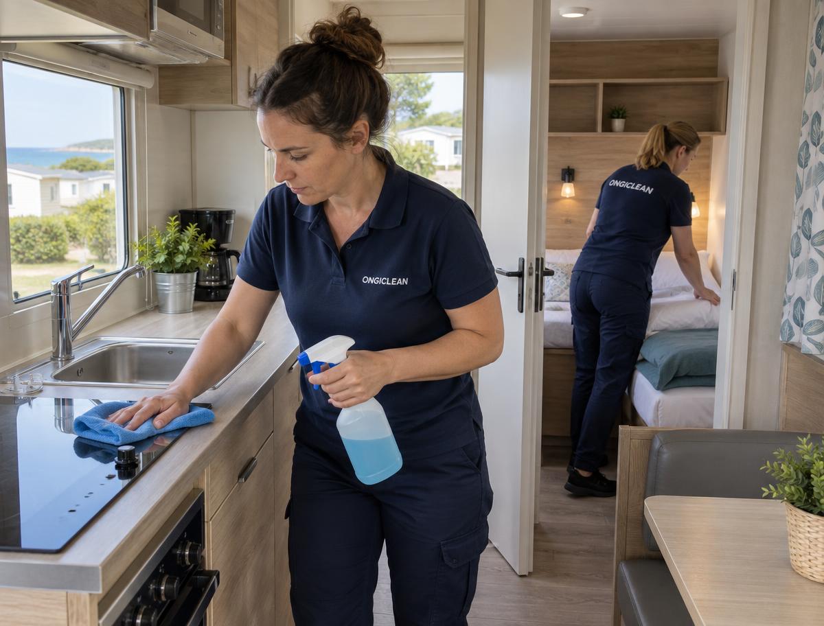 Dos operarias ONGICLEAN trabajando simultáneamente dentro de un mobil-home