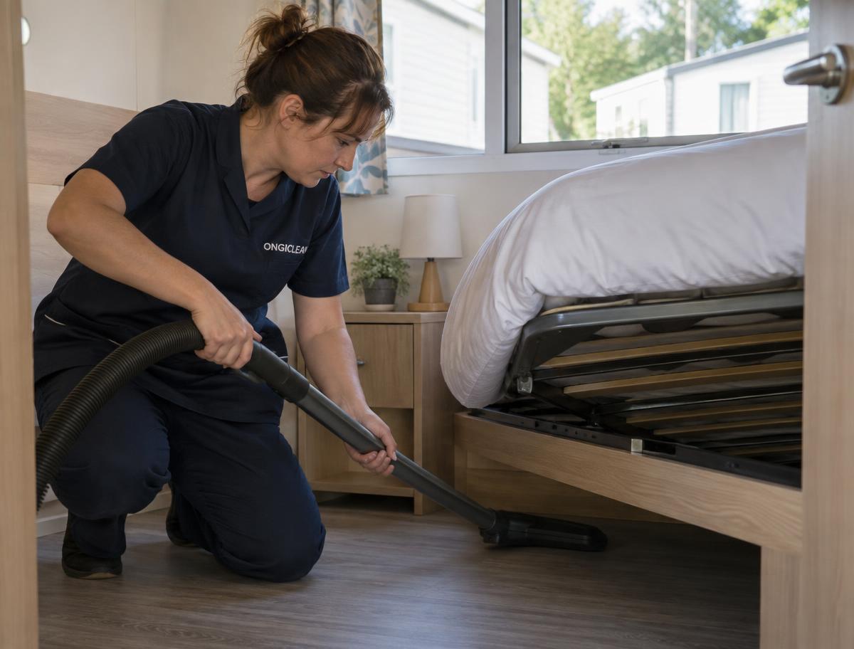 Operaria ONGICLEAN aspirando bajo la cama de un mobil-home