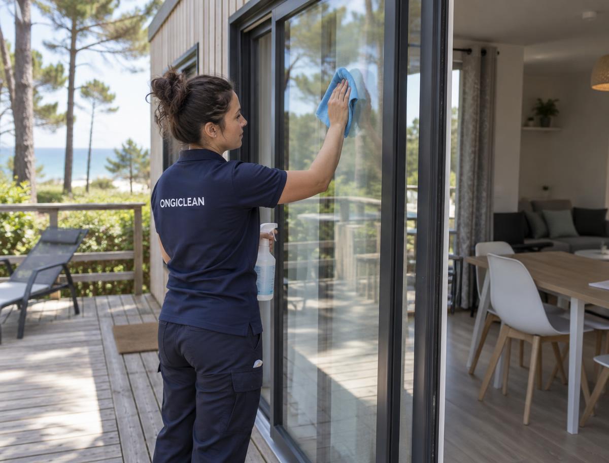 Operaria ONGICLEAN limpiando la puerta acristalada hacia la terraza