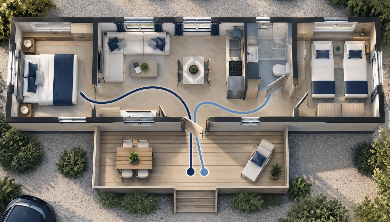 Plano cenital de un mobil-home con dos recorridos de limpieza diferenciados