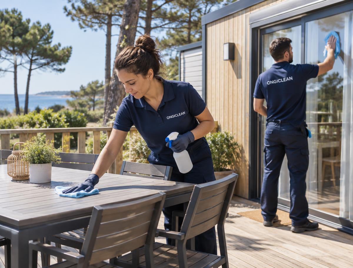 Equipo ONGICLEAN limpiando terraza y cristal de un mobil-home