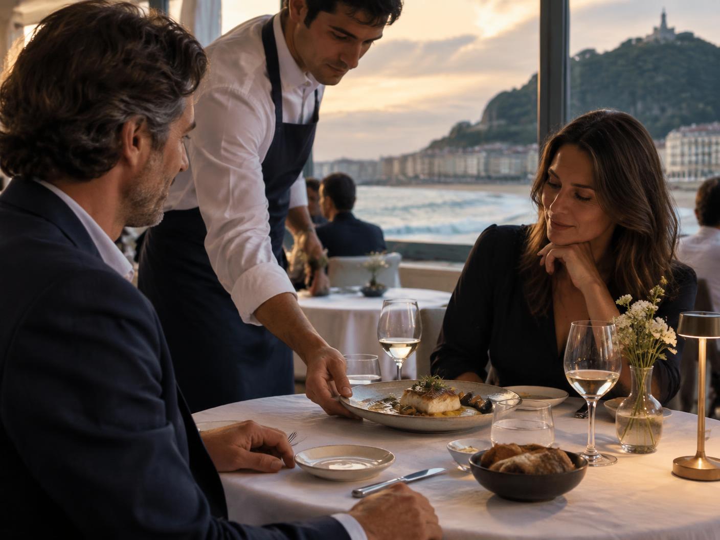 Cena gastronómica en un restaurante de la costa de San Sebastián
