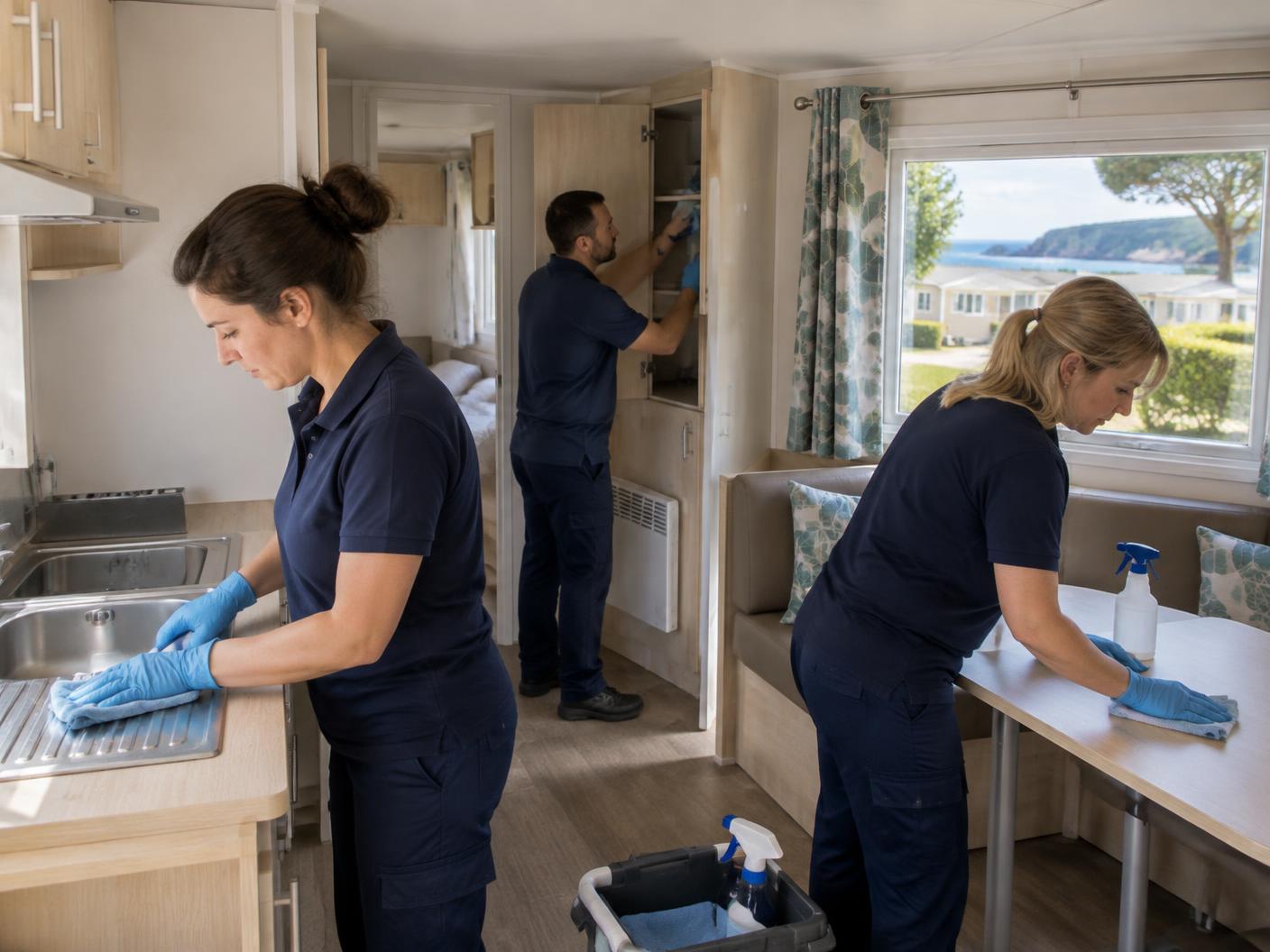 Equipo profesional realizando una limpieza profunda pretemporada en un mobil-home