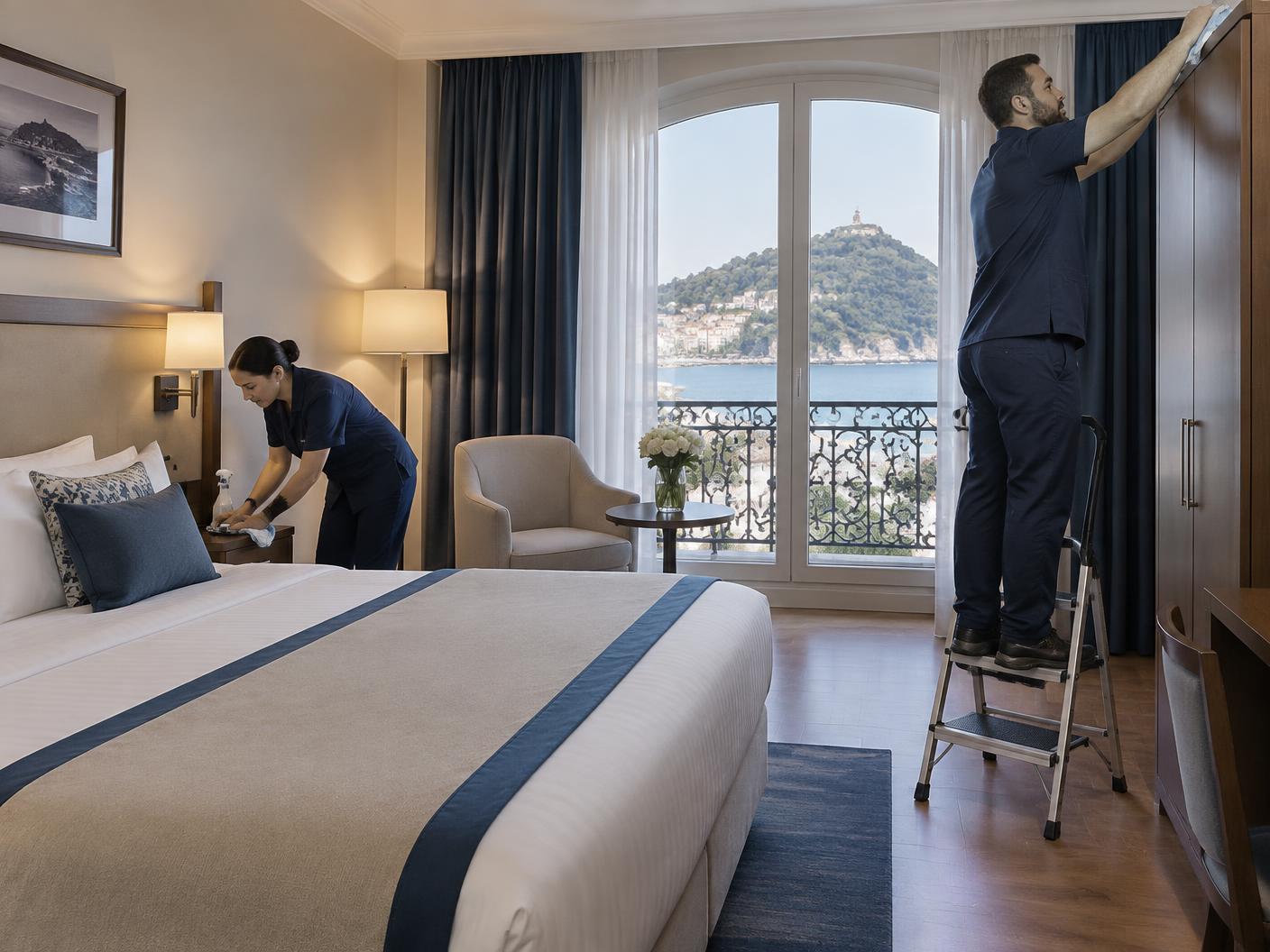 Equipo realizando la puesta a punto intensiva de una habitación hotelera existente