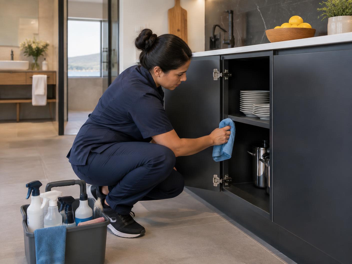 Profesional limpiando en detalle el mobiliario de una villa turística existente