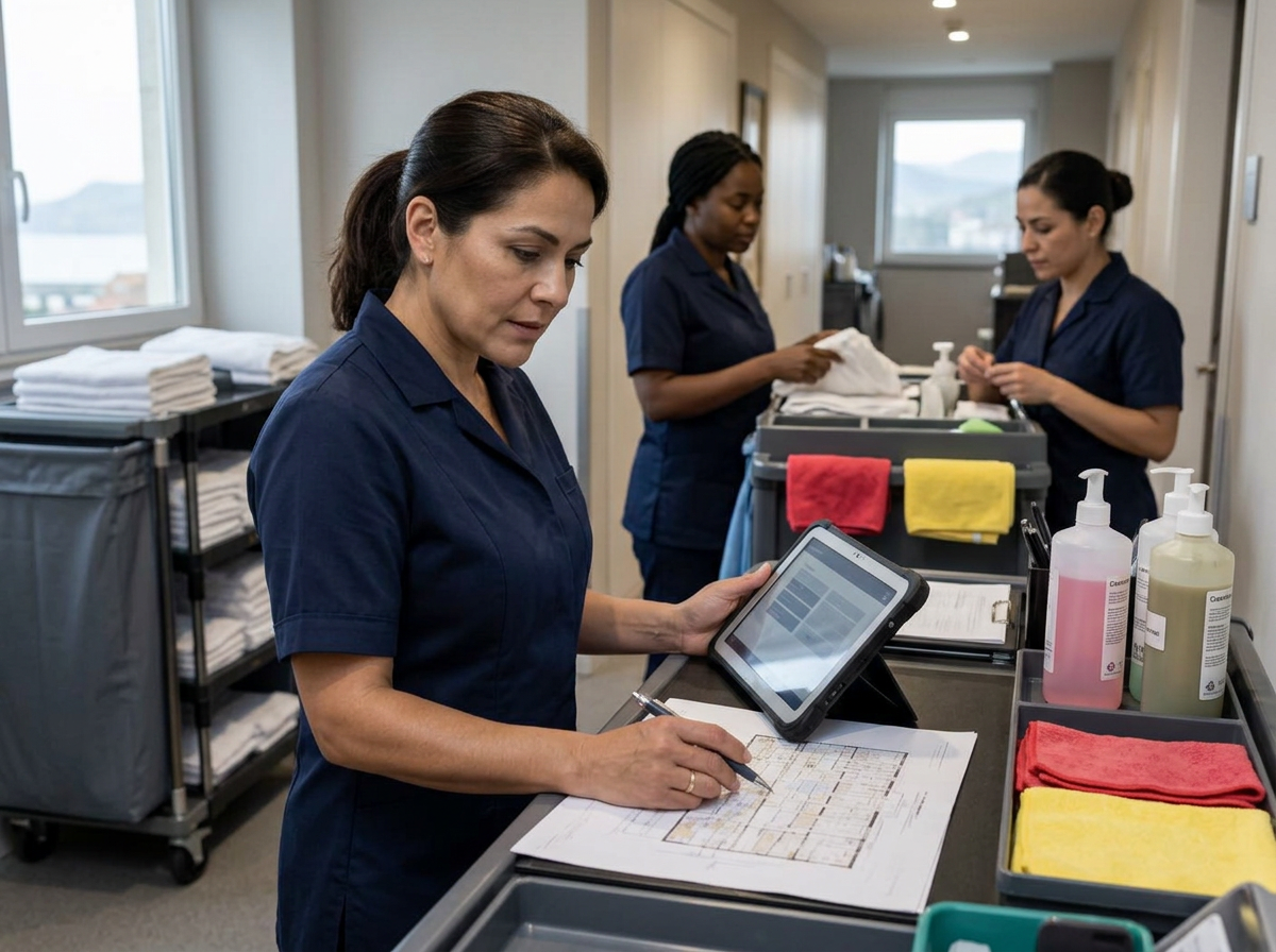 Responsable de housekeeping organizando planificación, equipos y prioridades