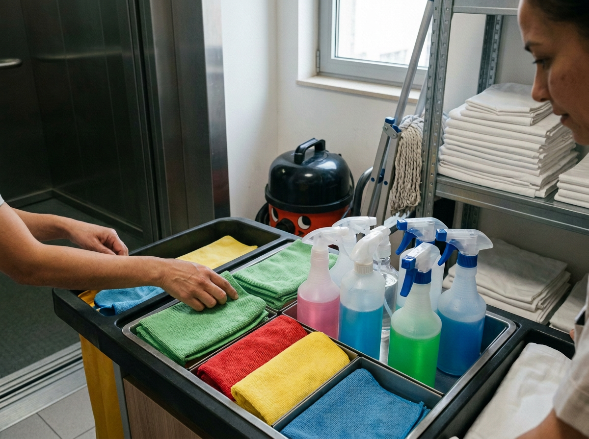 Materiales profesionales y bayetas diferenciadas por colores y zonas