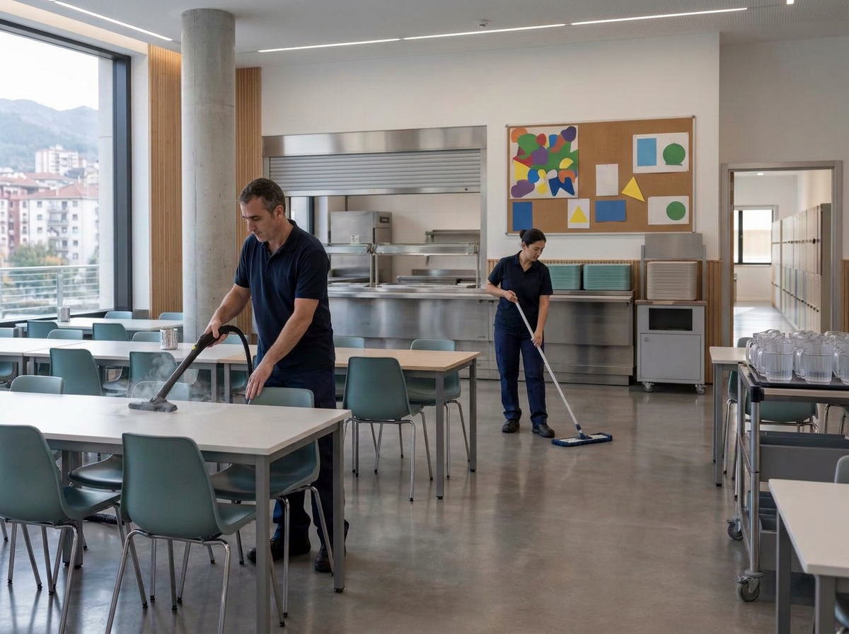 Comedor educativo preparado tras el servicio profesional de limpieza