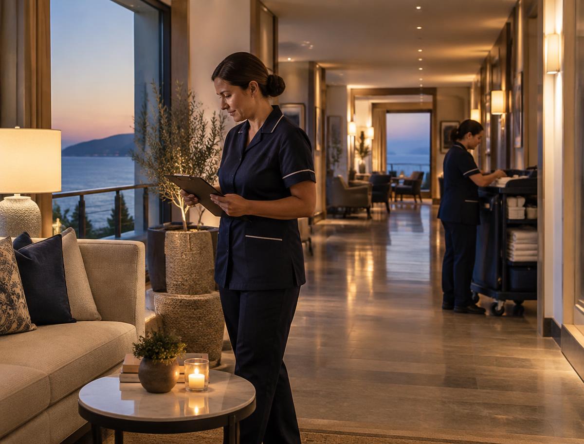 Cobertura programada de housekeeping durante un turno de tarde en hotel