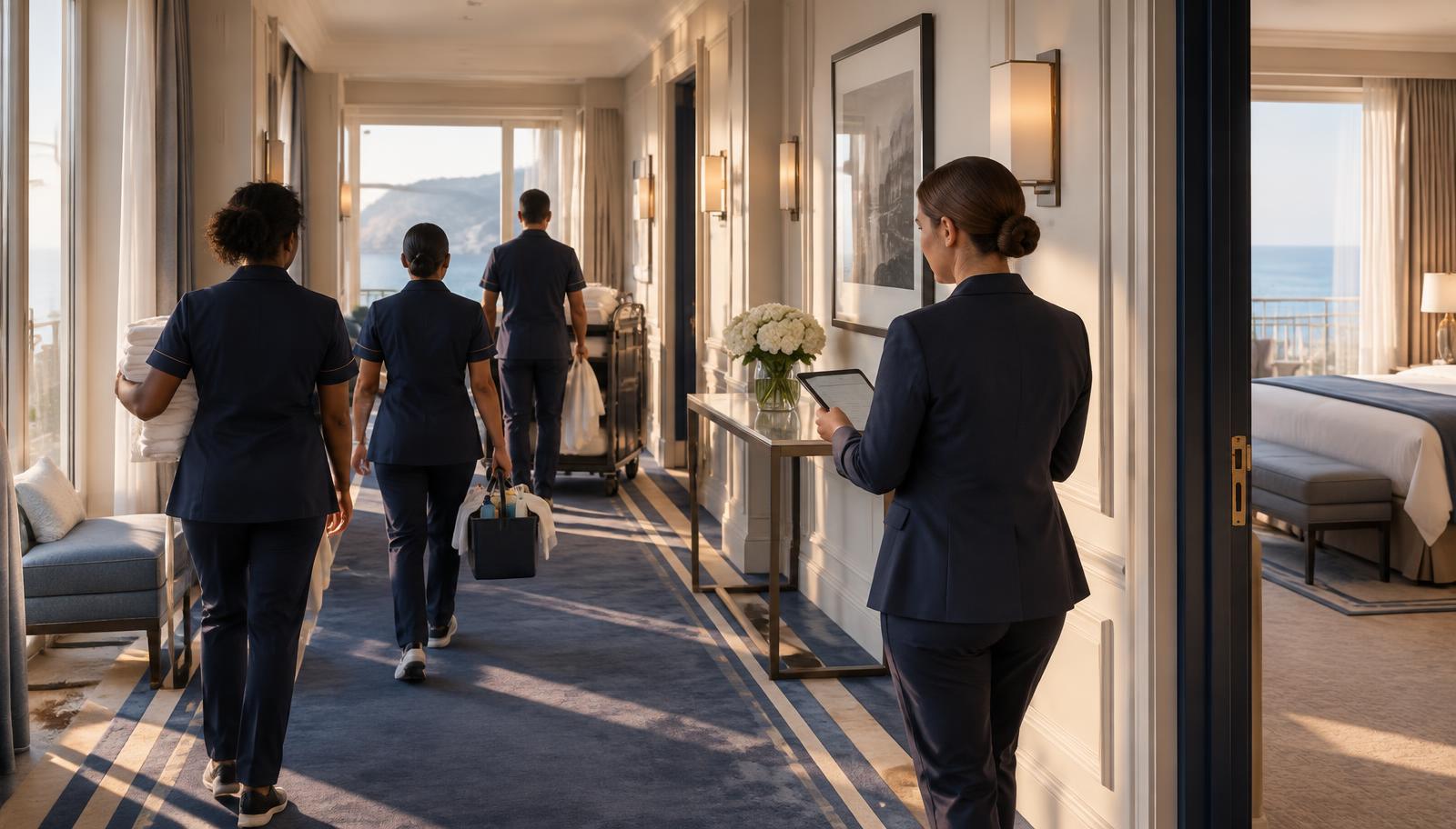 Equipo de housekeeping completando una jornada coordinada en un hotel costero