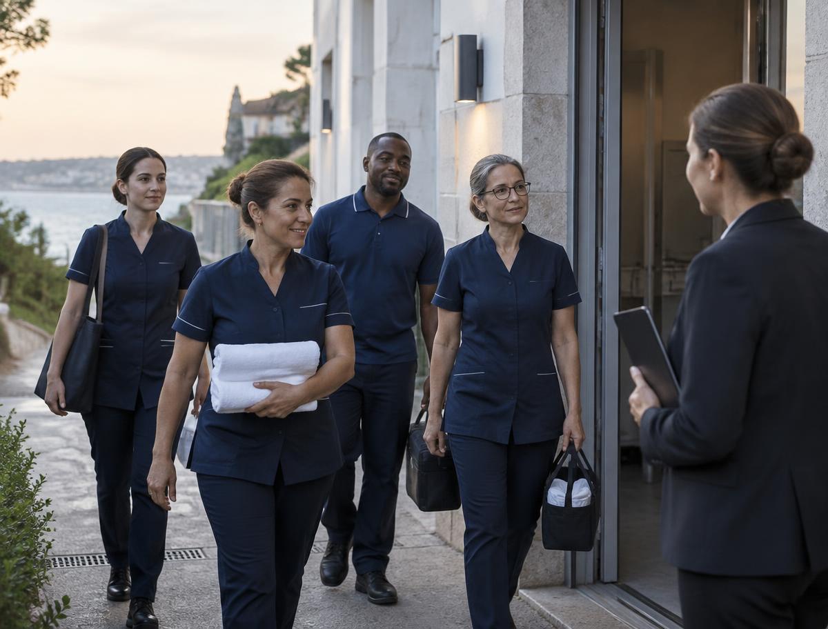 Equipo profesional llegando al hotel para iniciar una cobertura planificada