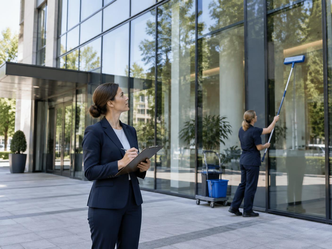 Responsable evaluando el acceso a una fachada acristalada instalada