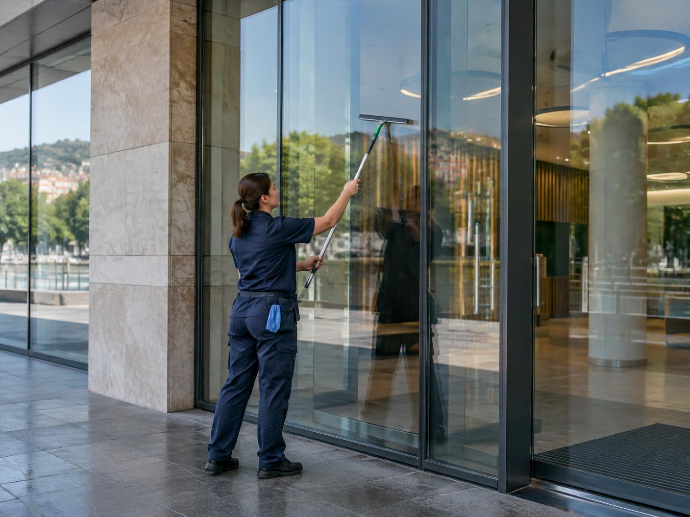 Profesional limpiando grandes cristaleras instaladas en un edificio corporativo