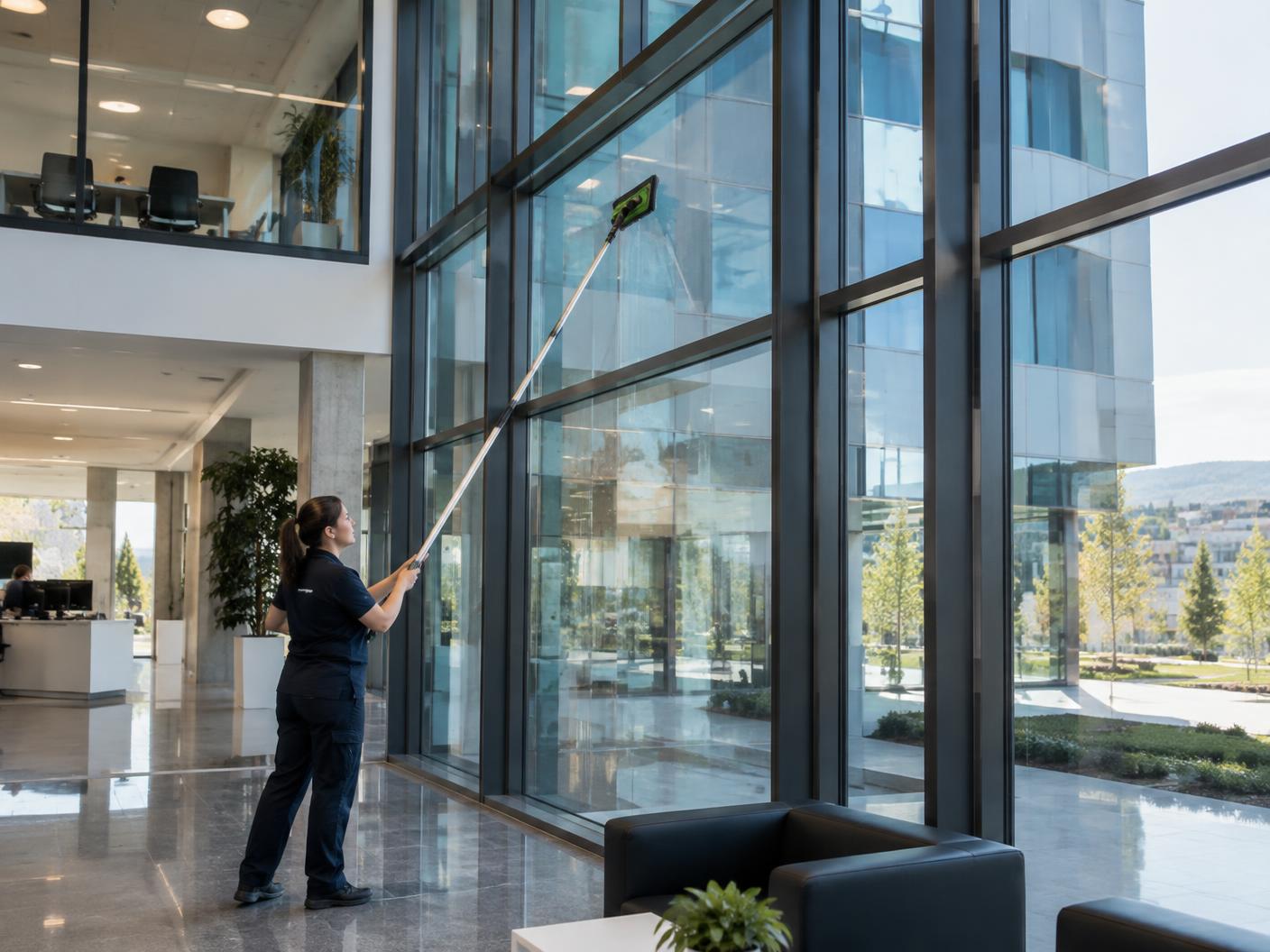 Profesional limpiando de forma segura una gran superficie acristalada instalada en oficinas