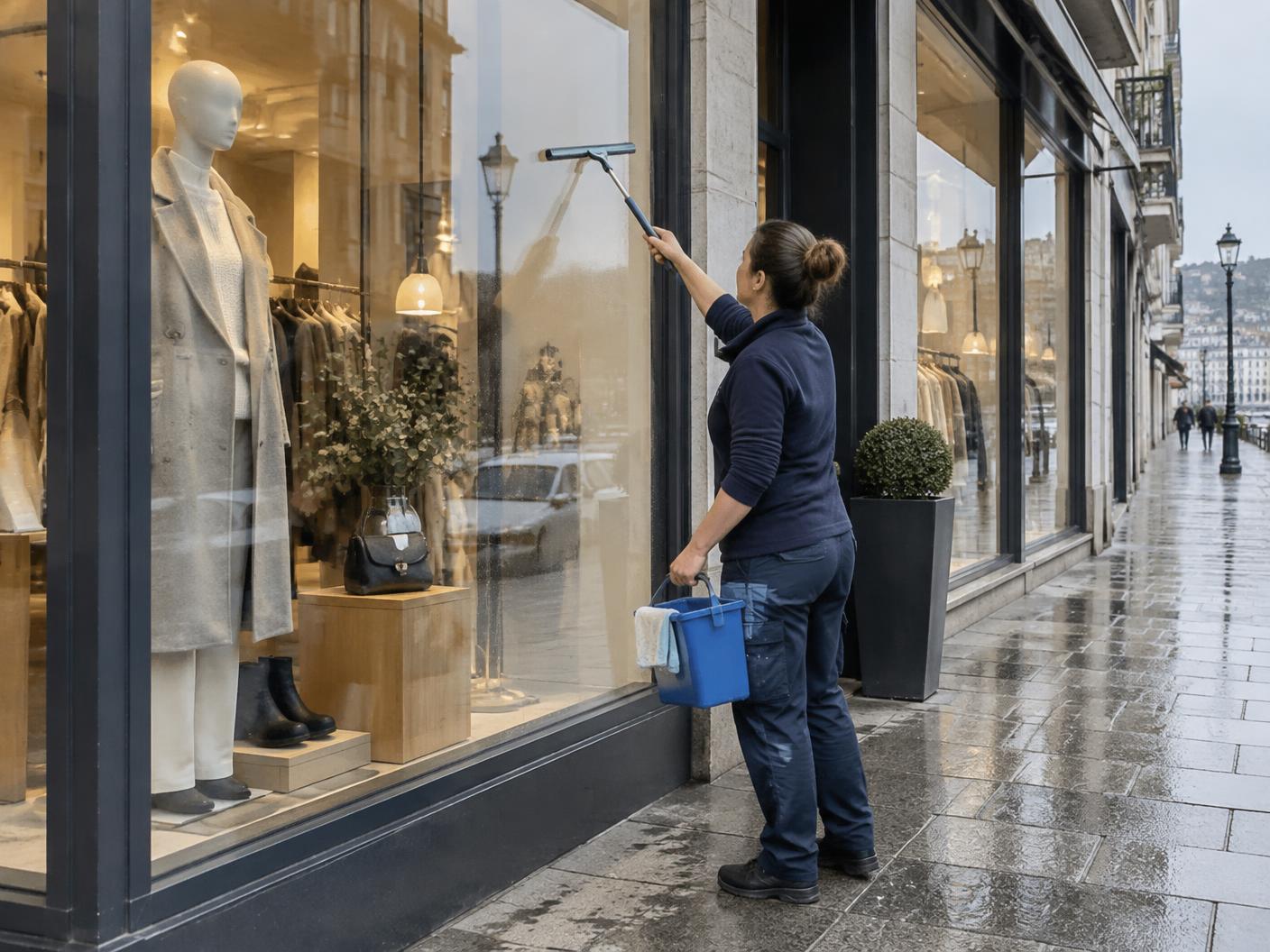 Profesional limpiando el escaparate instalado de un comercio