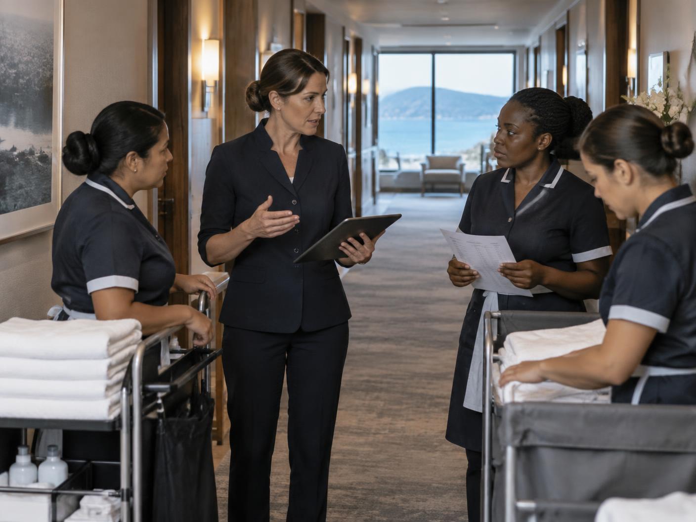 Gouvernante coordinando prioridades con un equipo de housekeeping