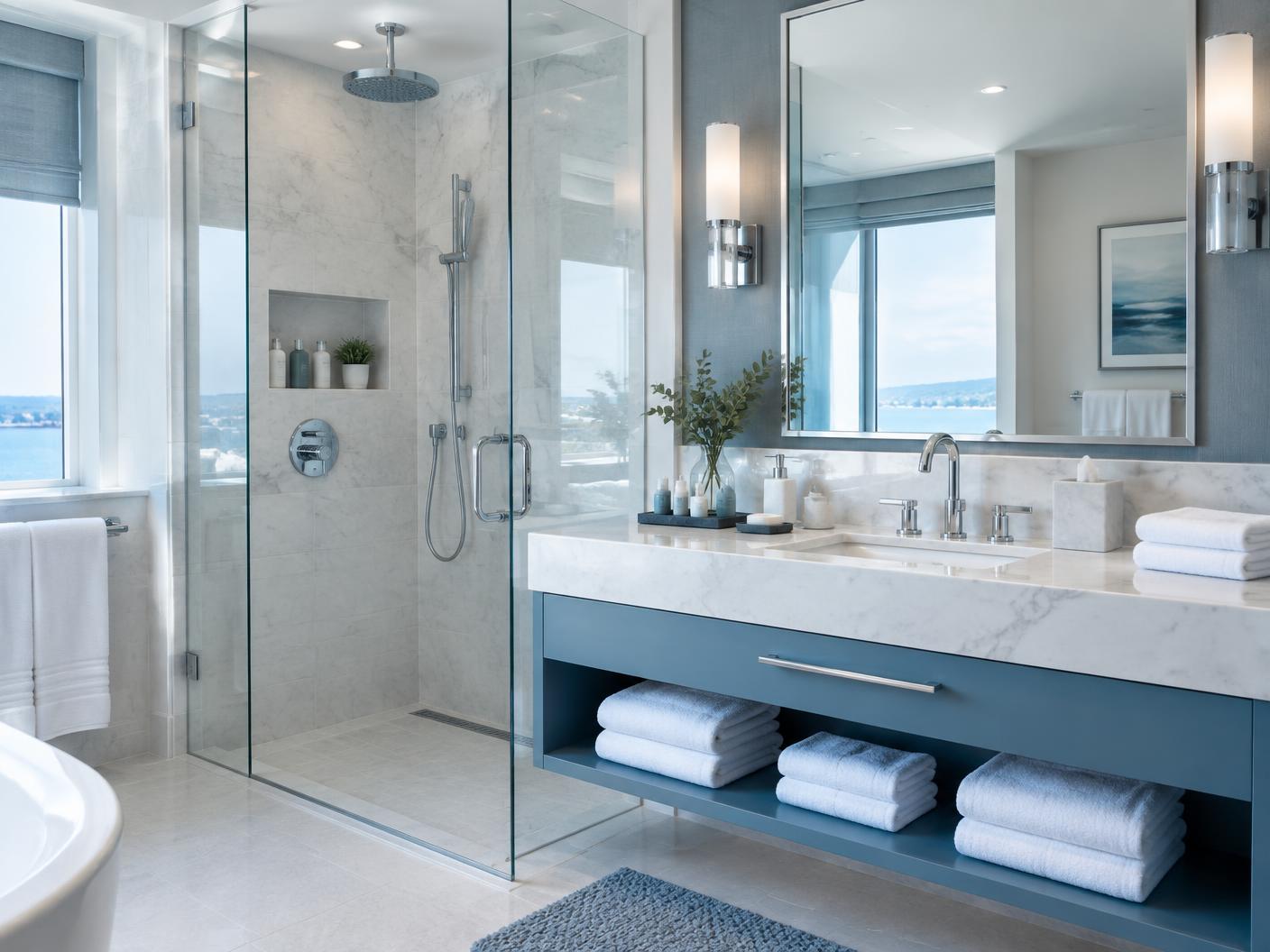 Baño hotelero ilustrativo con ducha, mampara, amenities y toallas ordenadas