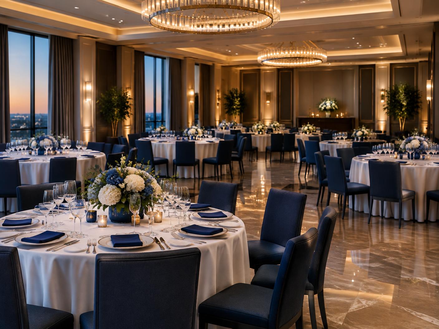 Salón de eventos de hotel ilustrativo preparado antes de la llegada de asistentes