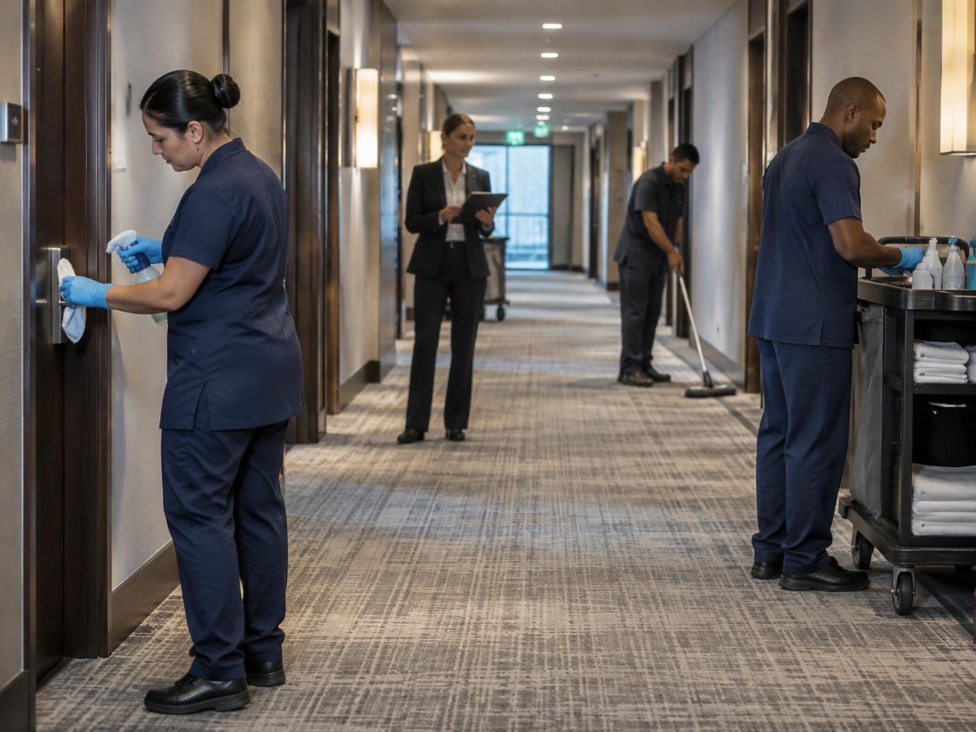 Operarios trabajando coordinadamente en diferentes zonas de una misma operativa hotelera