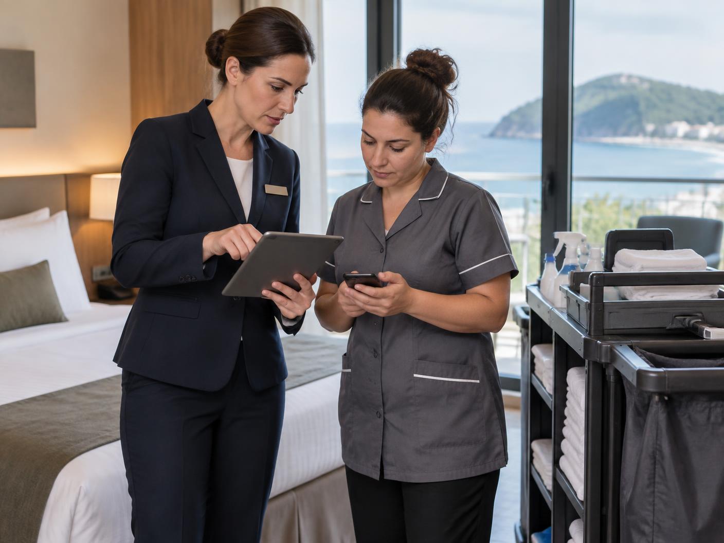 Supervisora y operaria coordinando el trabajo con tablet y teléfono en un hotel