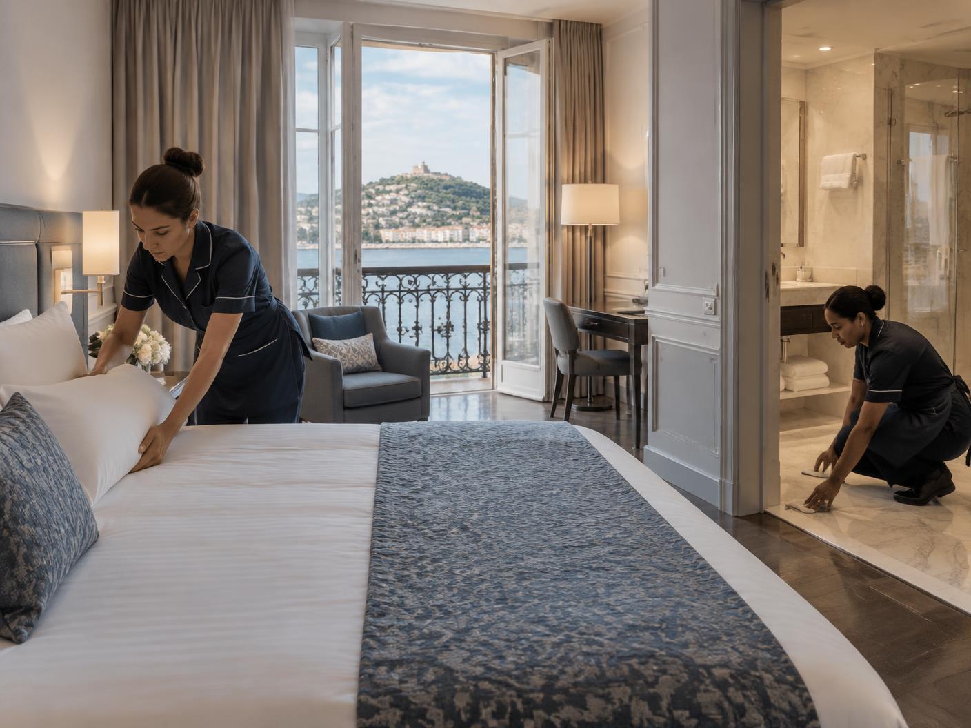 Operarias coordinadas en una habitación de hotel