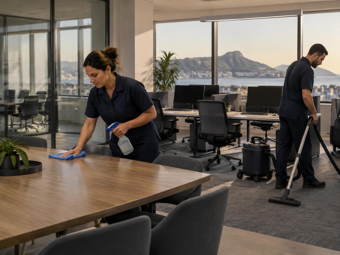 Equipo profesional limpiando puestos de trabajo y una sala de reuniones
