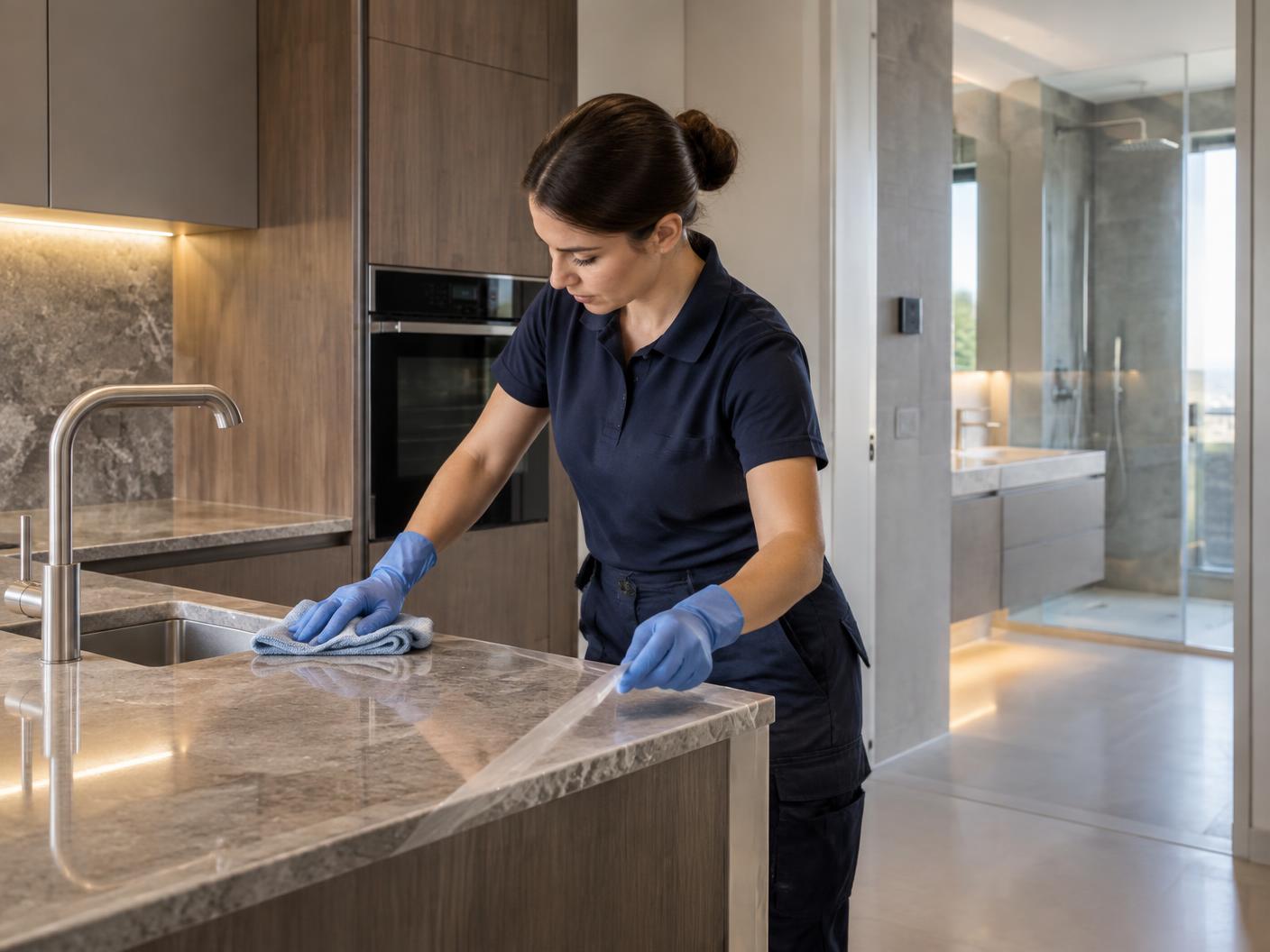 Profesional limpiando acabados nuevos de cocina antes de la entrega