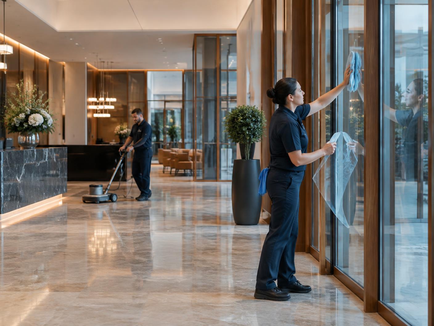 Profesionales limpiando cristales y pavimento de un hotel recién reformado