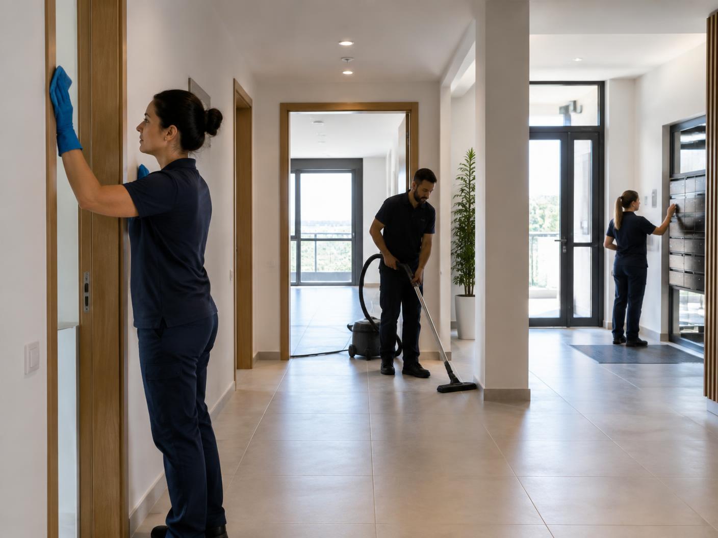 Equipo organizado limpiando por zonas una promoción residencial nueva