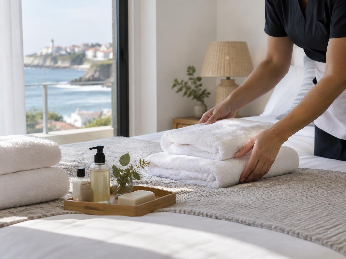 Ropa de cama, toallas y amenities preparados para una nueva estancia
