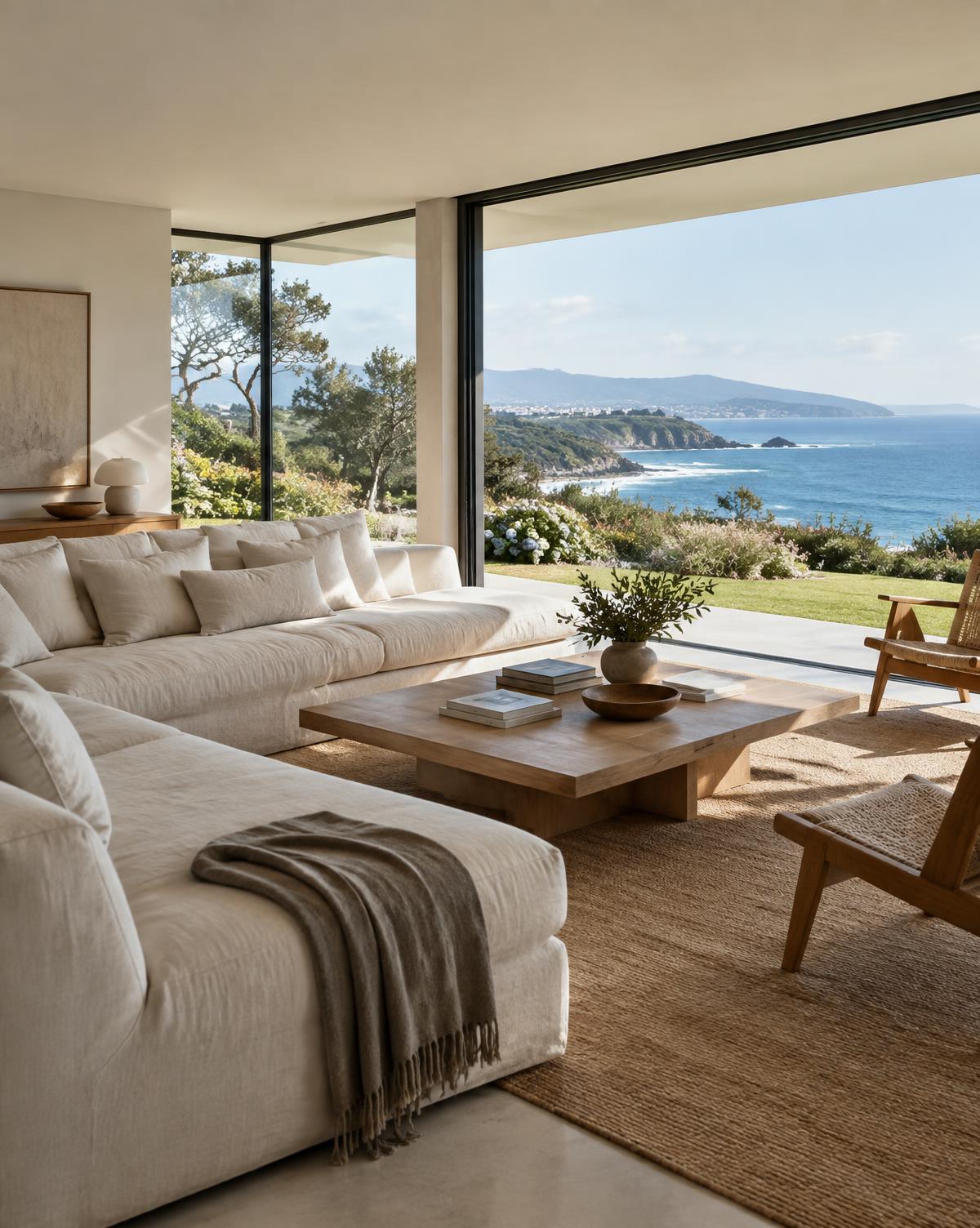 Salón luminoso de una villa con vistas al océano