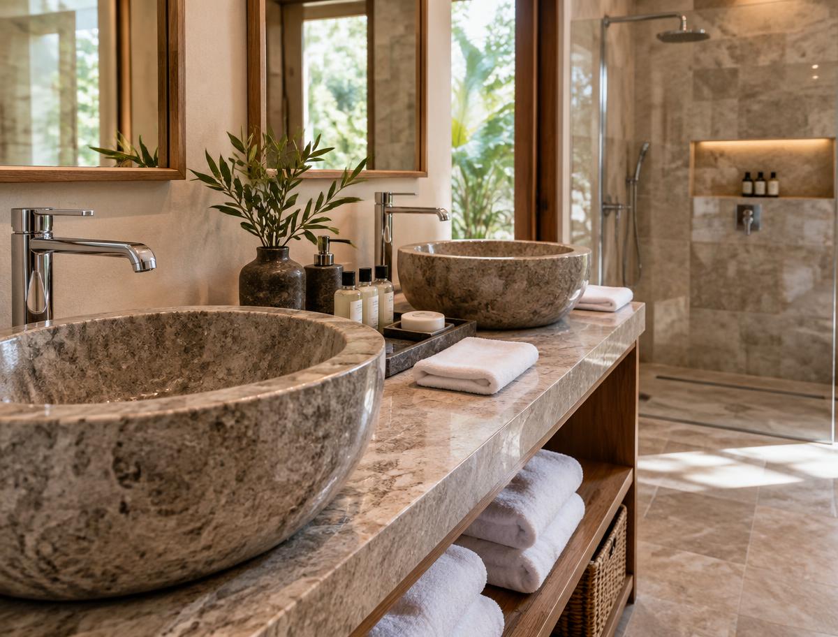 Baño ilustrativo de una villa de lujo preparado con amenities