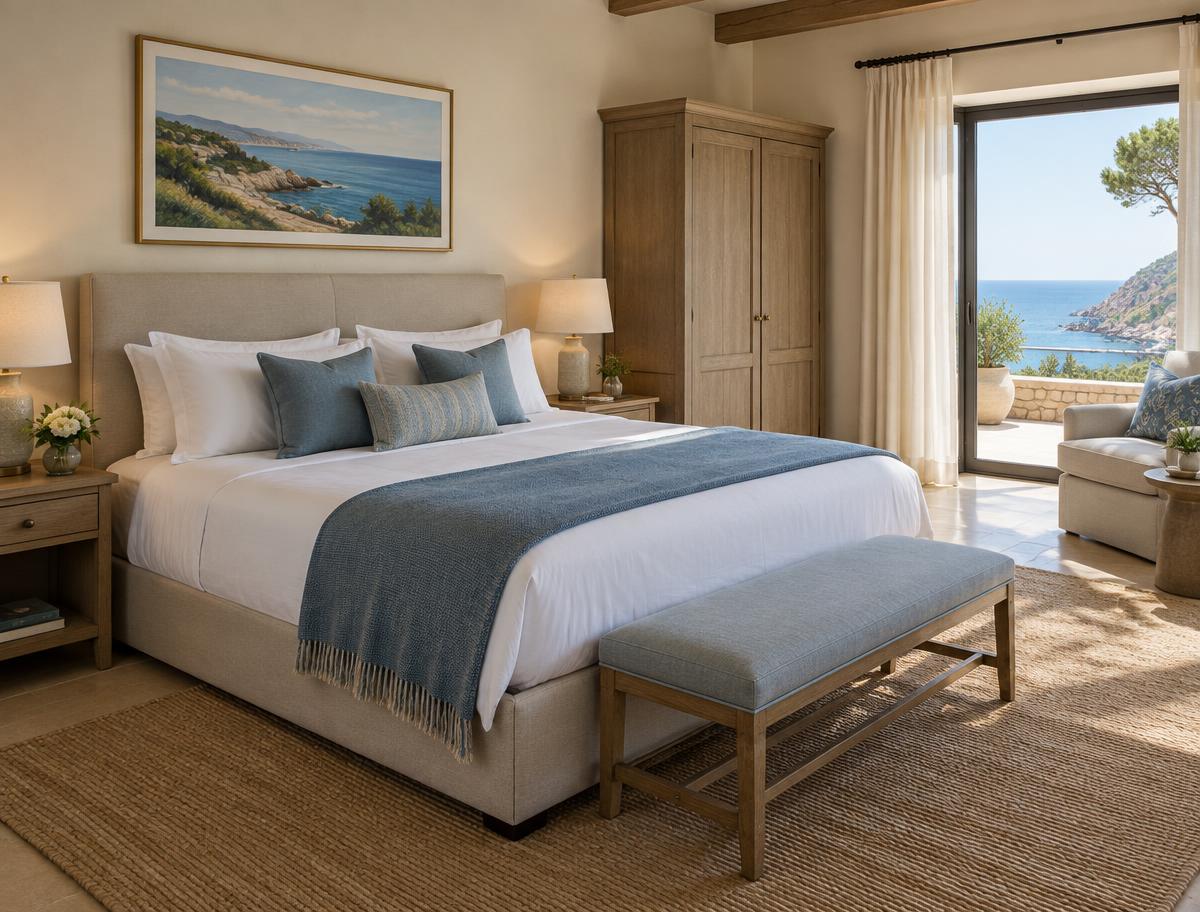 Preparación ilustrativa de una cama en una villa elegante