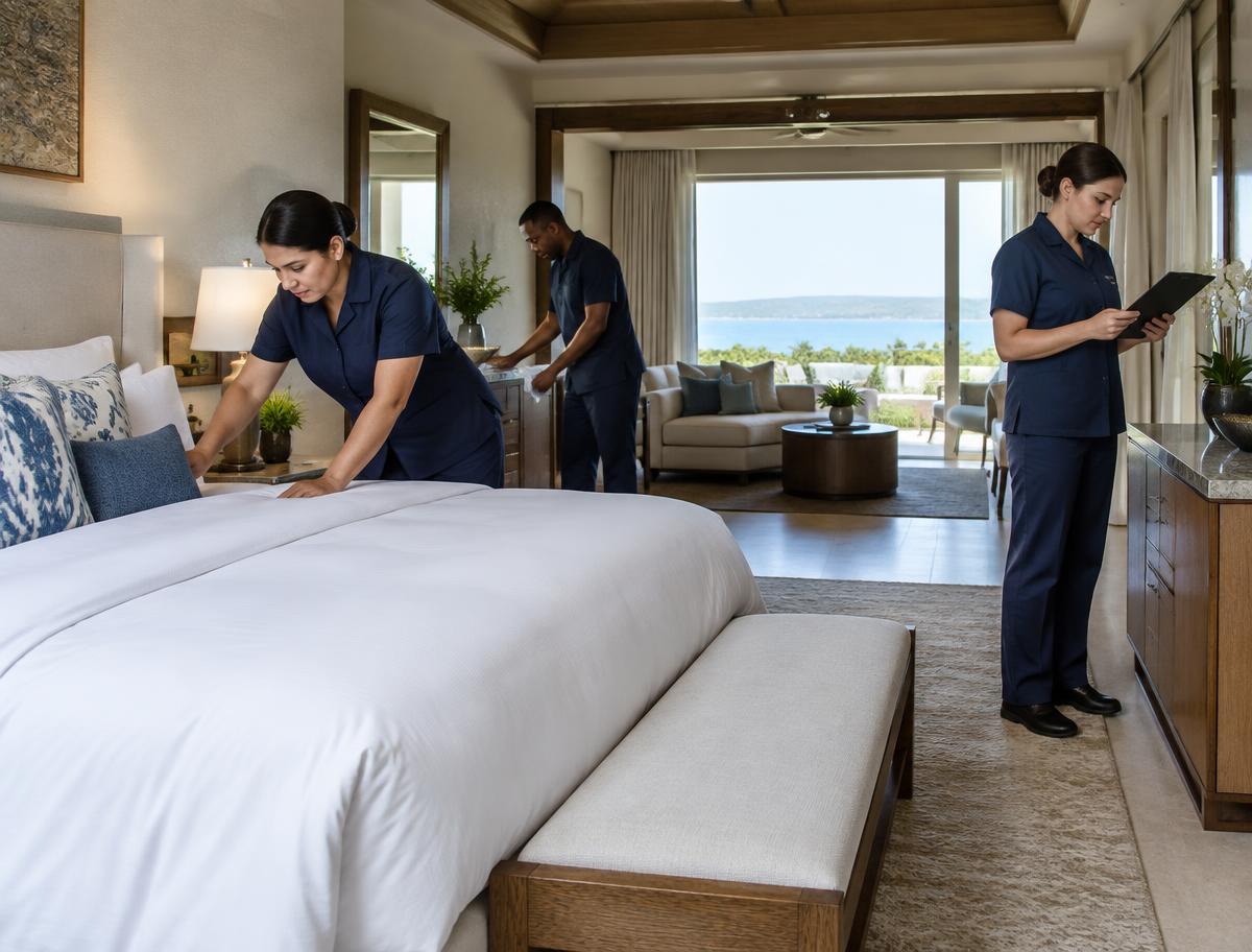 Equipo profesional preparando y revisando una villa elegante