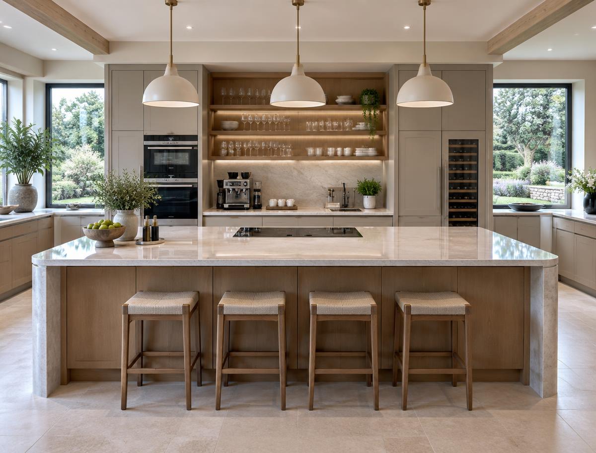 Interior ilustrativo de una villa de lujo con cocina abierta impecable